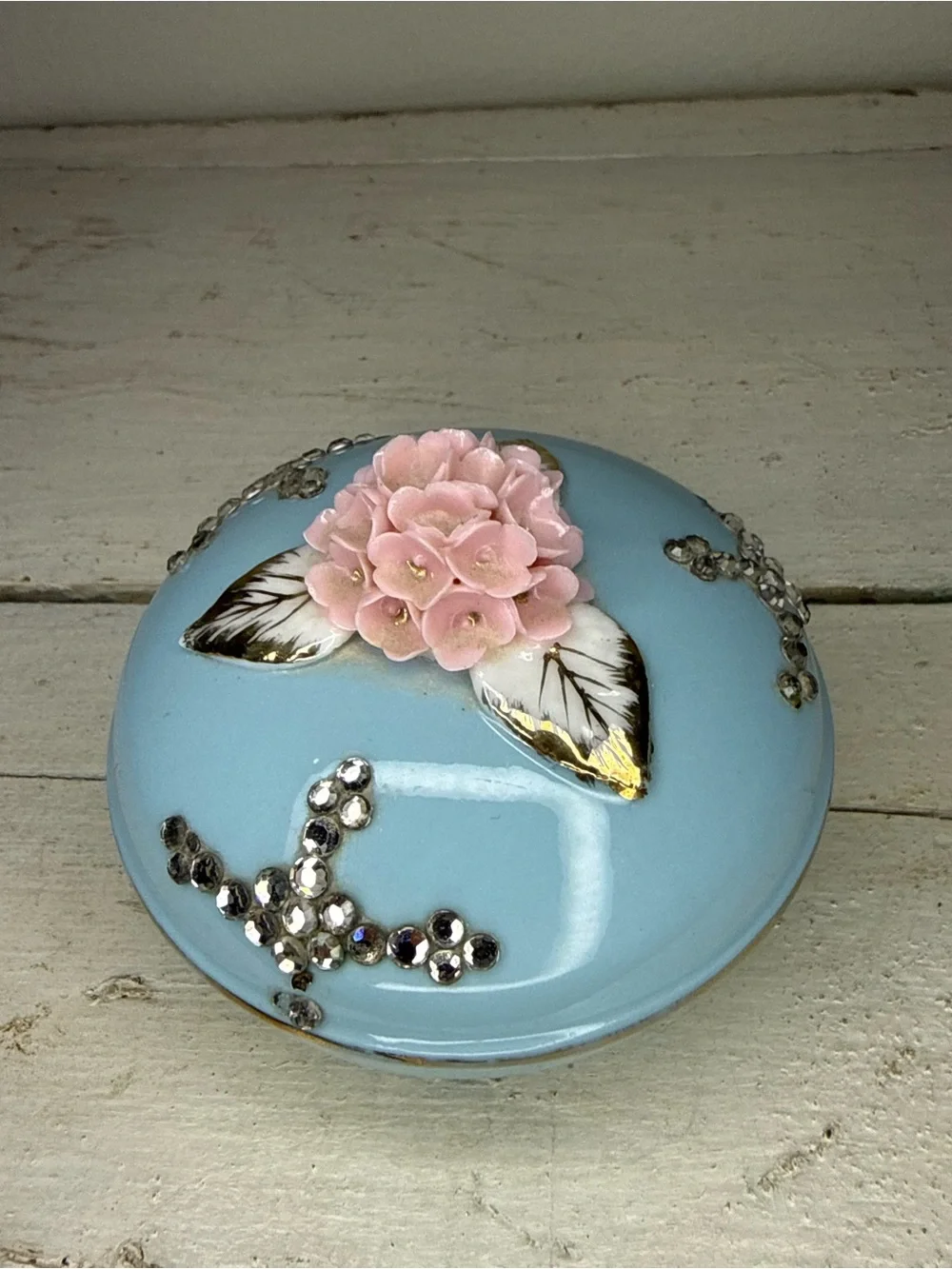 RARE VTG Lefton Blue Porcelain, Pink Floral Spray, Gold Tips & Rhinestone Accent